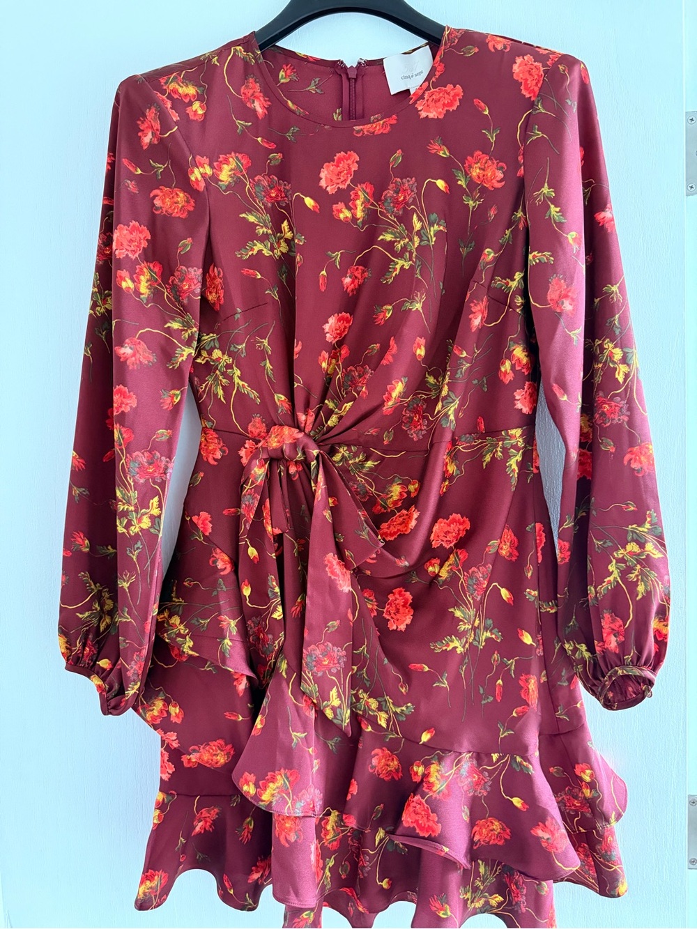 cinq a sept Burgundy Floral Tie-Front Long Sleeve Dress